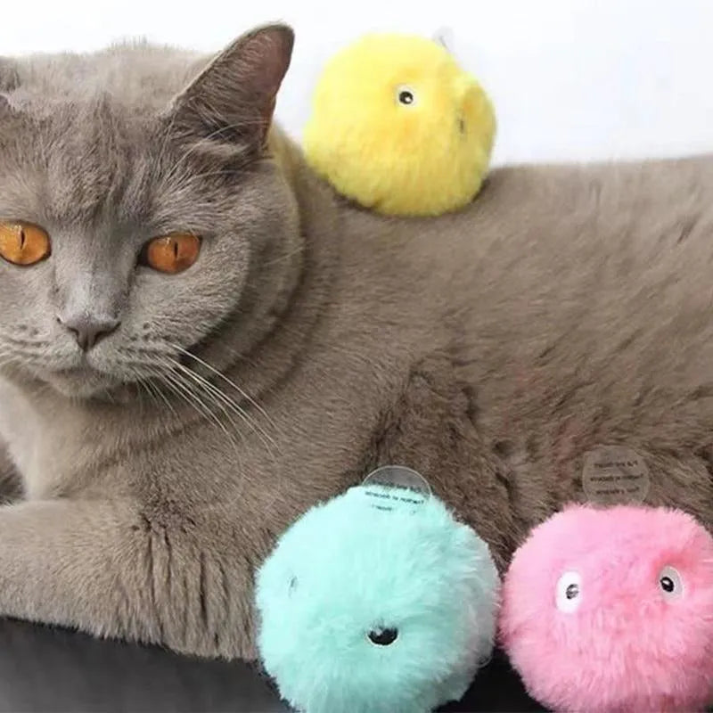 Interactive cat toy ball in blue, pink or yellow with smart sensor triggering animal sounds when touched
