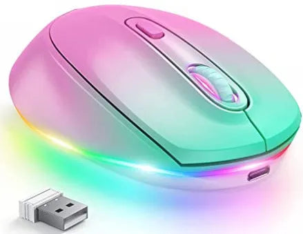 Compact 24g wireless ergonomic mouse with USB charging cable on a desk next to a laptop.