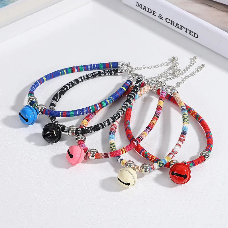 Ethnic pattern adjustable pet collar with bell in multiple colour options