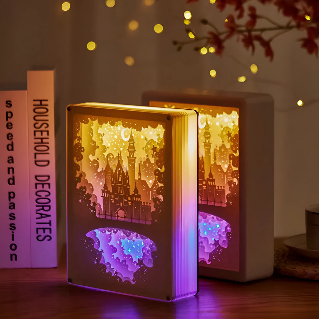 USB bedside night light with three-dimensional paper carving effect in plastic shade with remote control