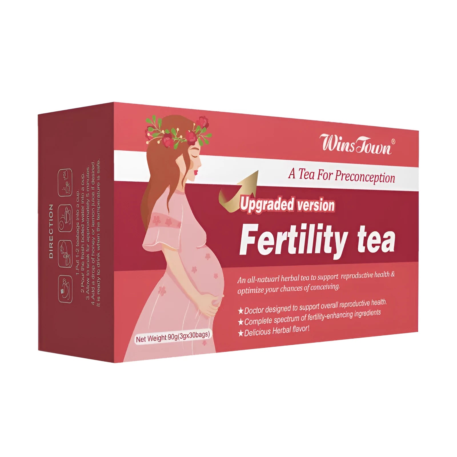 Box of fertility tea containing three packs of thirty herbal tea bags for women's reproductive health support.