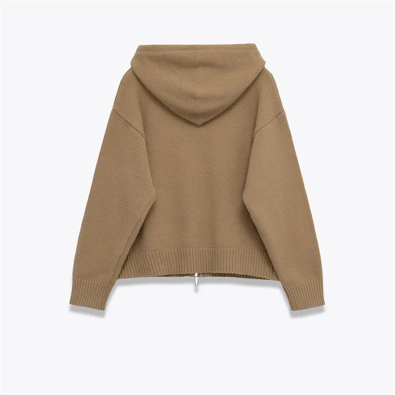 Women's camel zipper knit hooded sweatshirt with spandex fabric, short length 40cm, long sleeves
