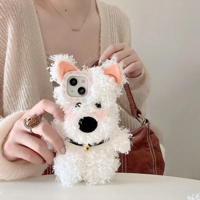 White plush West Highland puppy phone case and earphone sleeve in flannel with furry cartoon design