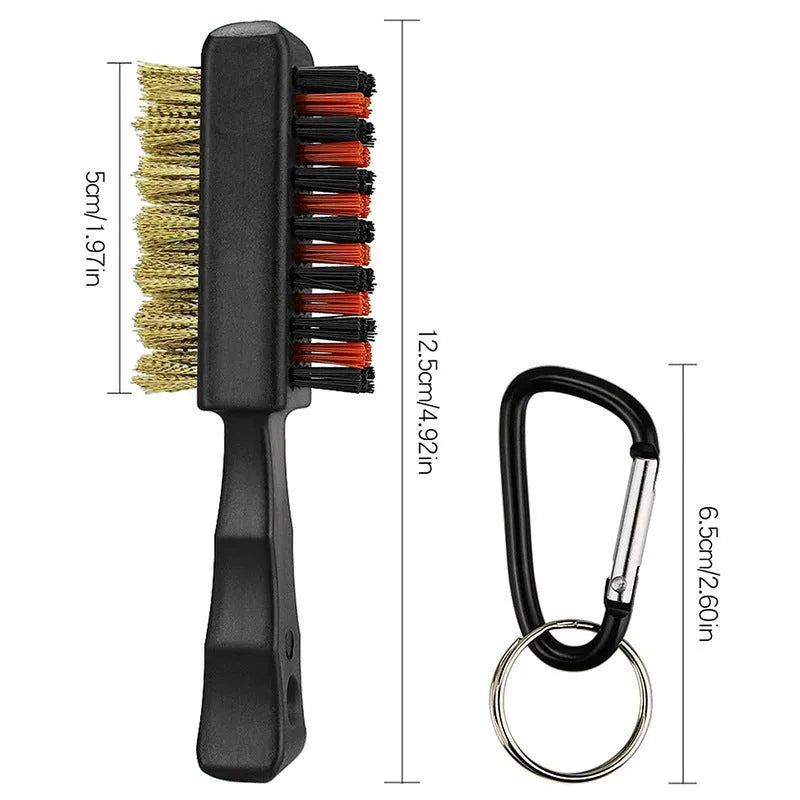 Double-sided golf club cleaning brush with nylon and steel wire bristles, measuring 12.5 x 5 cm