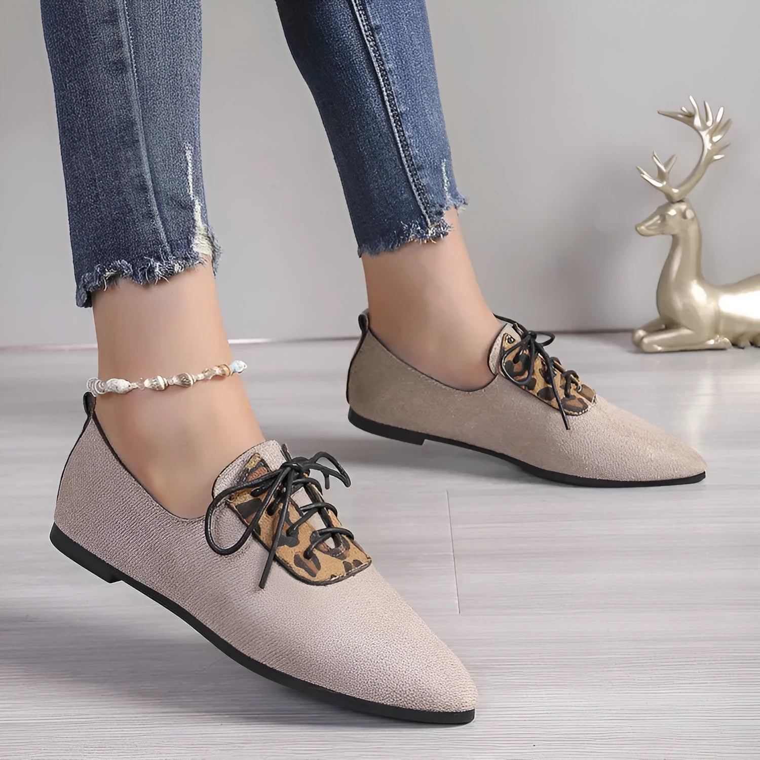 Beige leopard print pointed toe court shoes for women in plus sizes with artificial PU uppers and rubber soles