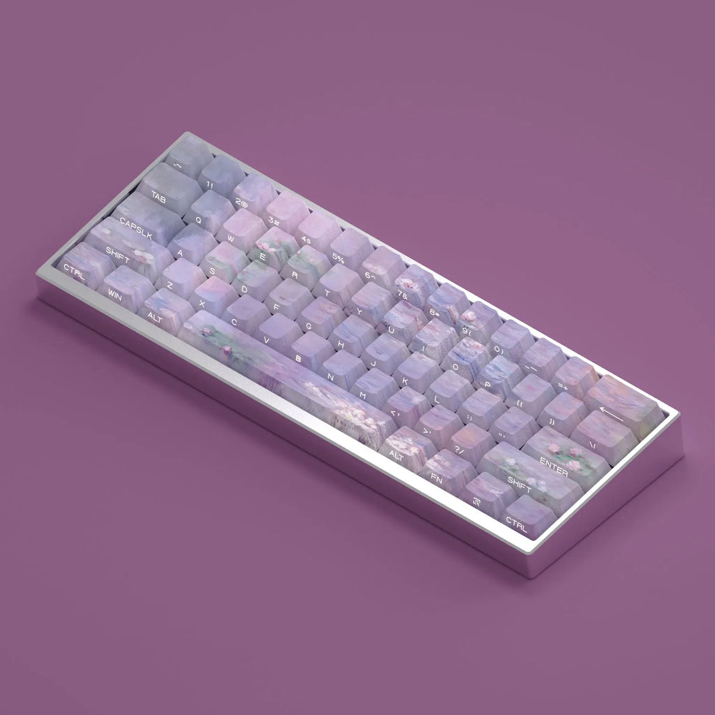 Wenshao Sleeping Lotus PBT keycap set with 130 keys showing side-engraved light transmission design.
