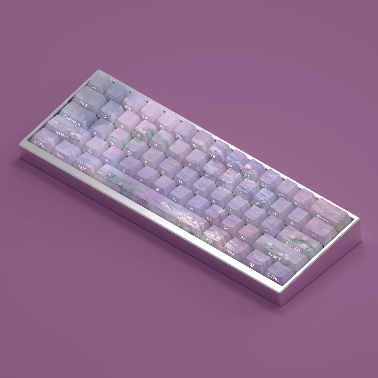 Wenshao Sleeping Lotus PBT keycap set with 130 keys showing side-engraved light transmission design.