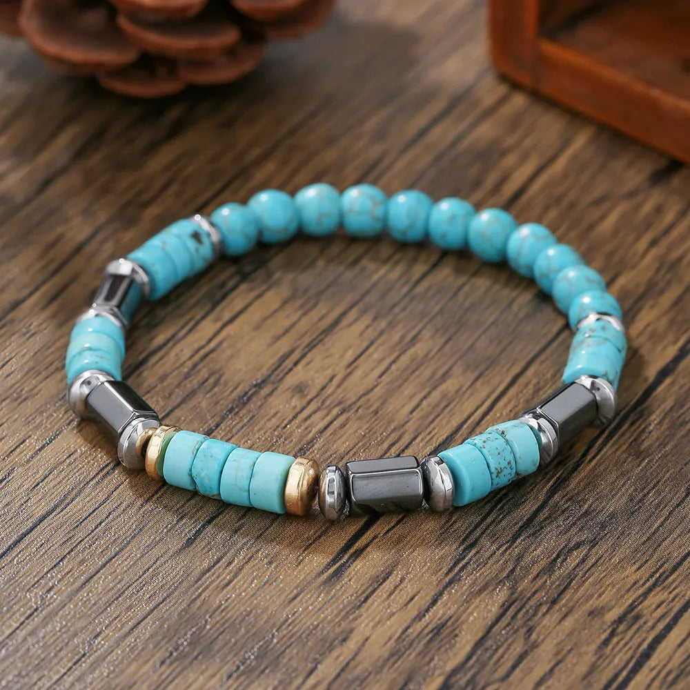 Hand-woven unisex wood bracelet with turquoise accents and totem pattern