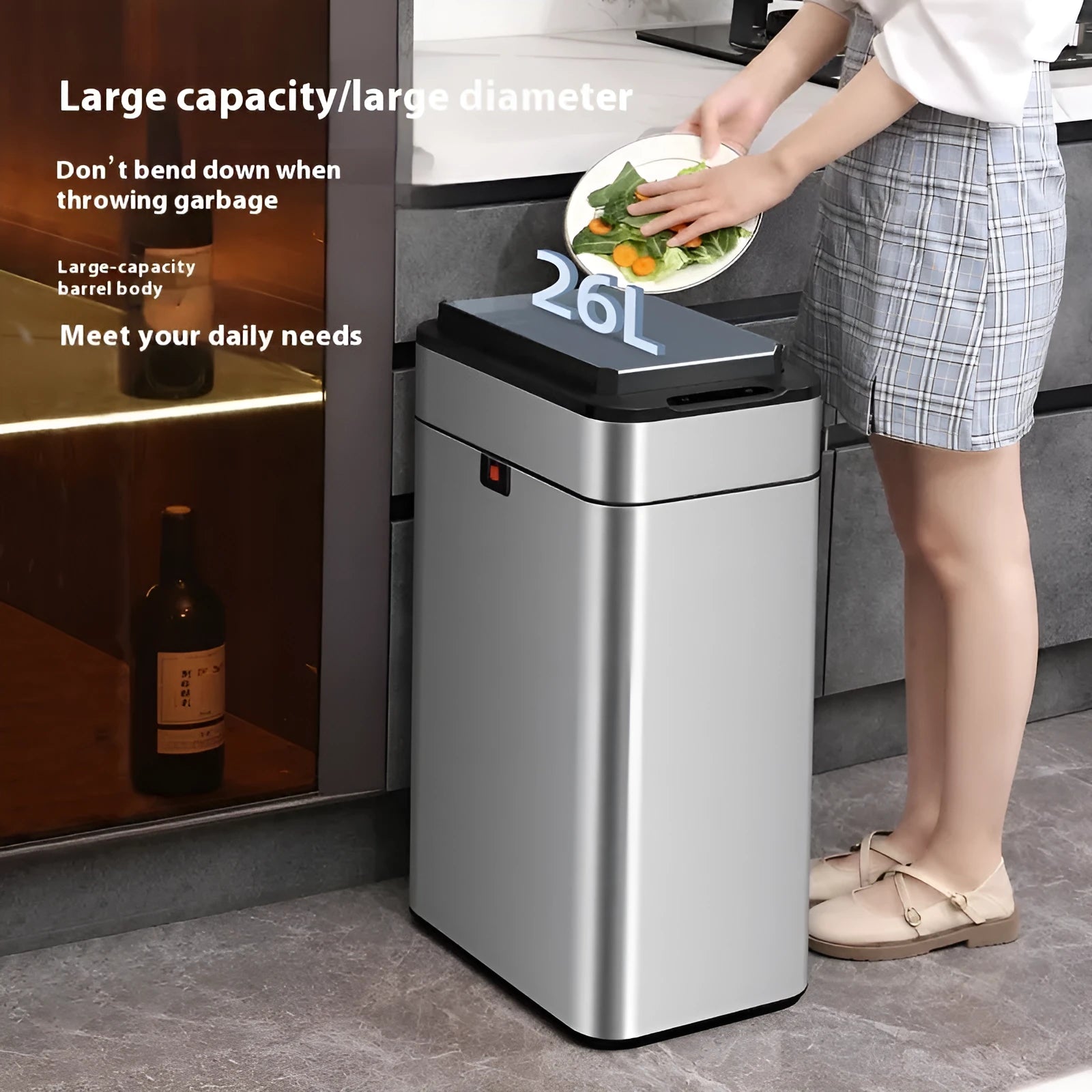 Stainless steel square inductive smart trash can with automatic sensor lid and deodorant function.