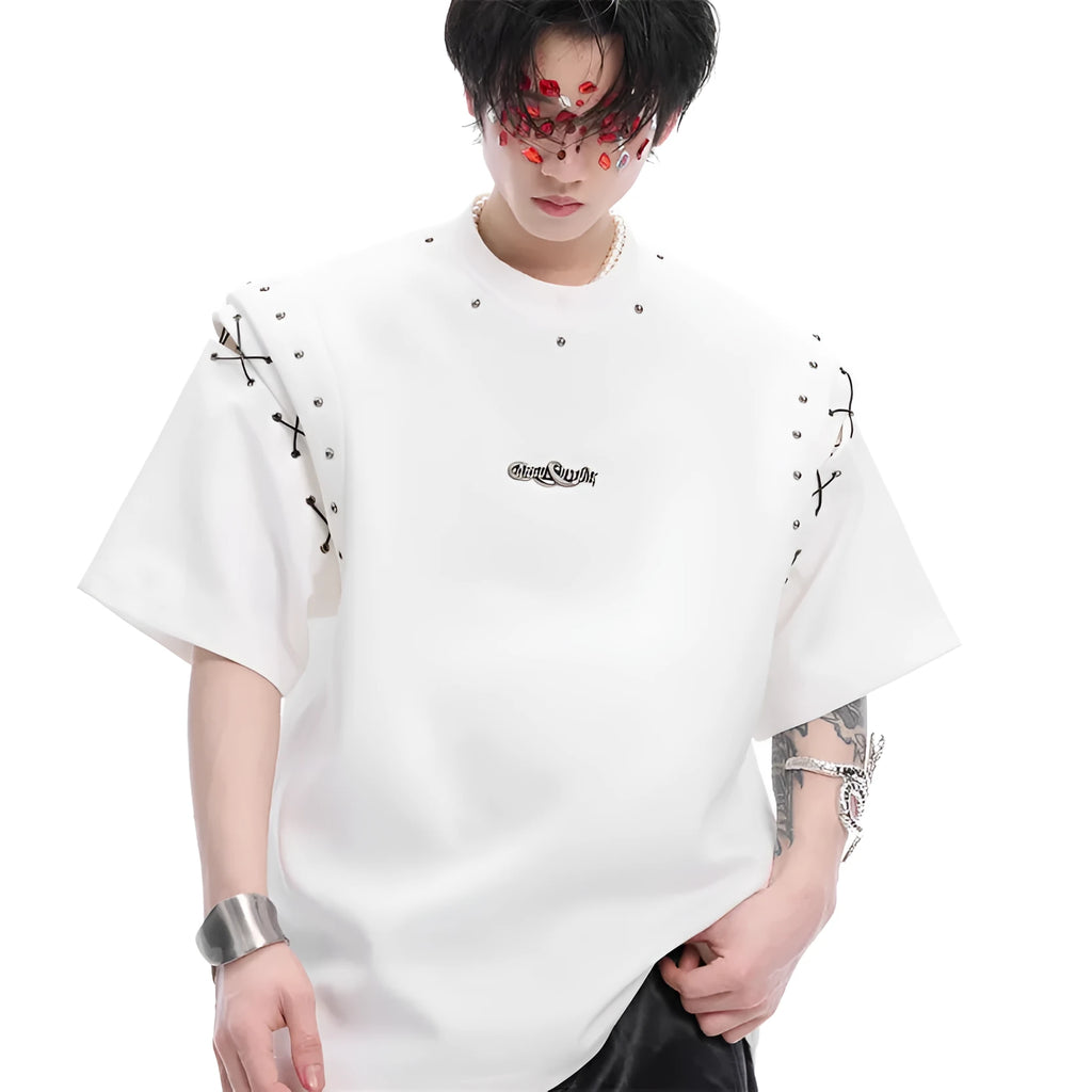 Women's black short sleeve T-shirt with deconstructed lace-up cutout detail on front