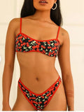Women's cherry print tube top bikini set in polyester fabric with briefs style bottom