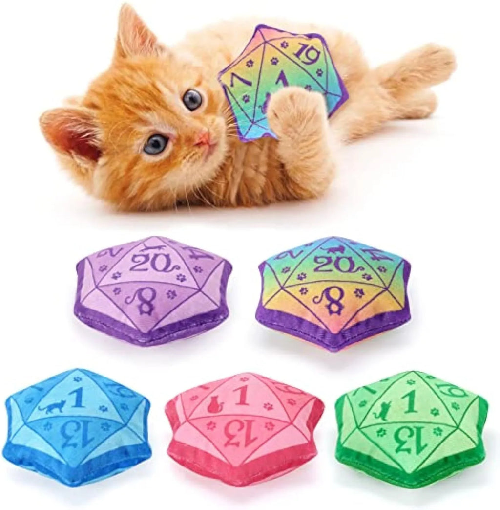 Blue dice-shaped plush cat toy with white pips, filled with organic catnip.