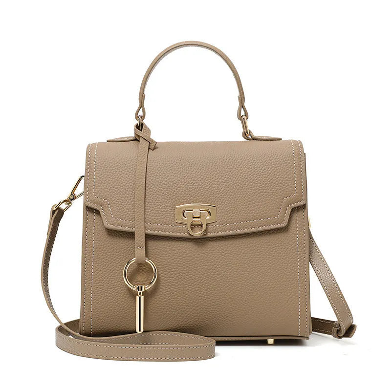 Elephant grey genuine leather vintage lock handbag with crossbody strap and square shape