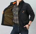 Men's waterproof nylon jacket with hood and stand collar in black, blue, green, khaki