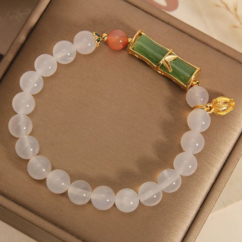 White agate jade bamboo bracelet with Chinese retro design for women