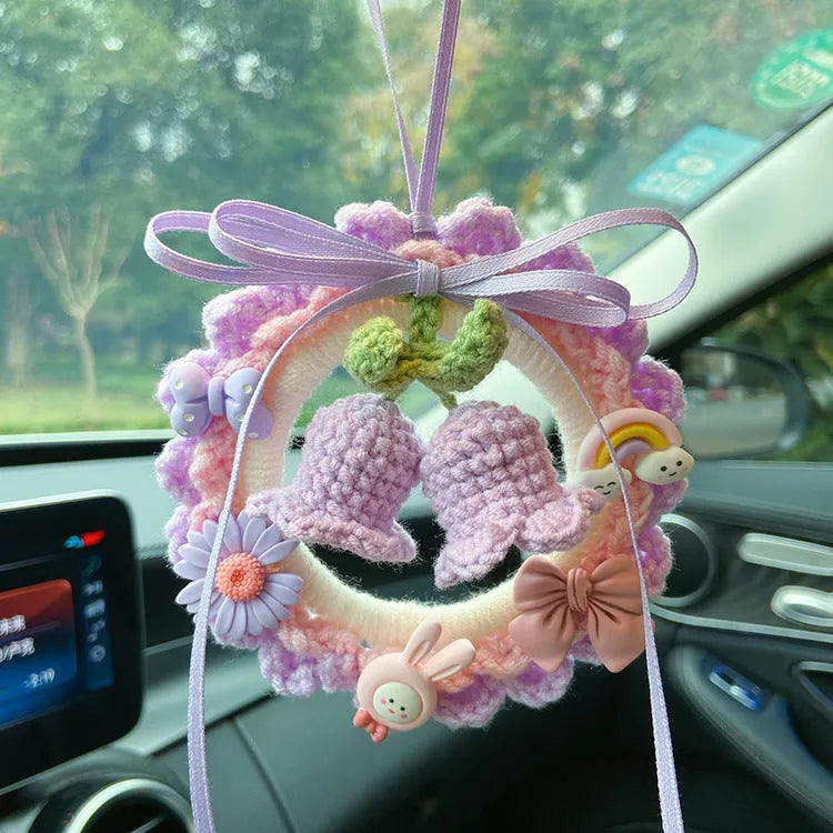 Handmade woven wool bell orchid car pendant hanger in green, pink, purple, or yellow colours, some with dream catcher charm.