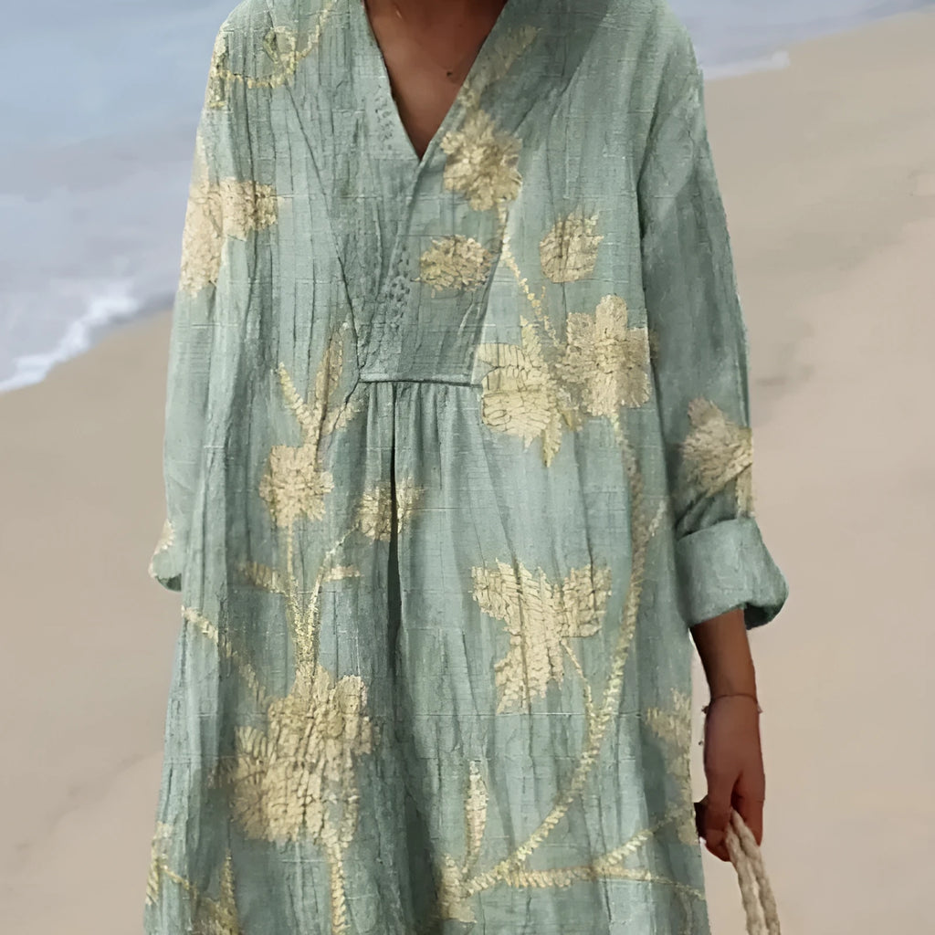 Casual long sleeve floral 3D printed shirt dress with a wide waist on a hanger.