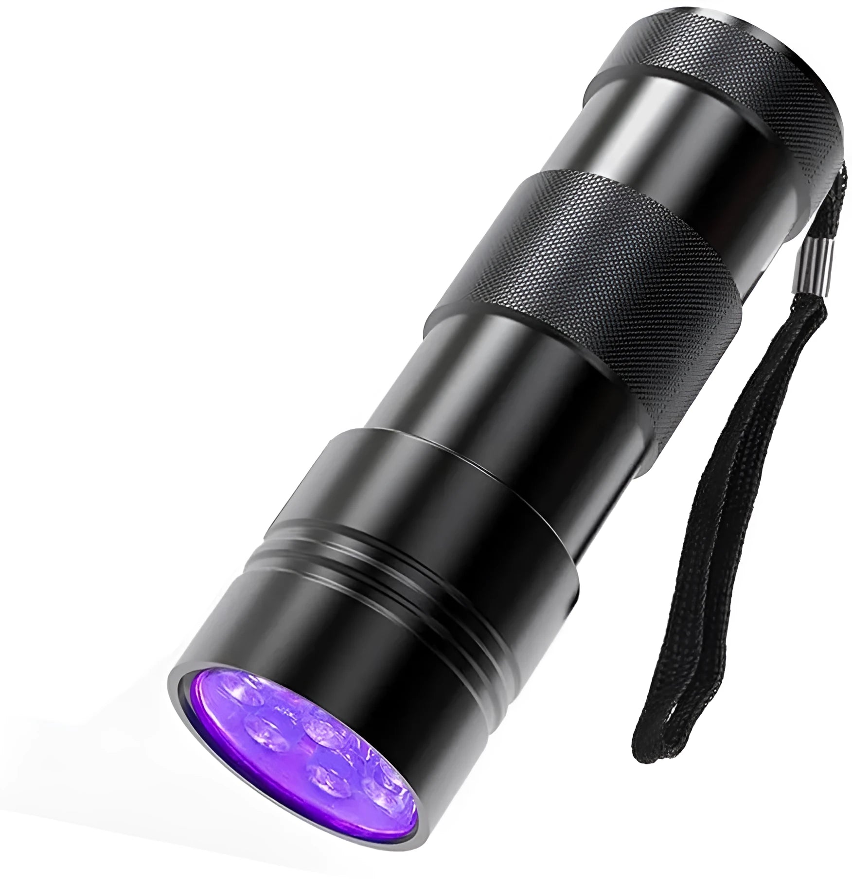 Black aluminium UV flashlight with purple LED for detecting stains and pests.