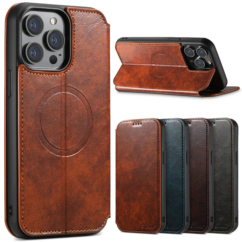 Magnetic wireless charger protective leather case phone case with bracket and card slot in J05 Black