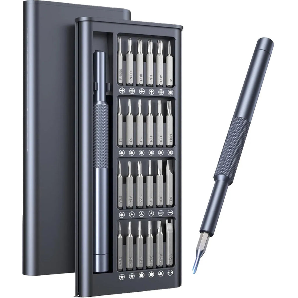 25-in-1 magnetic screwdriver set with chrome vanadium steel bits and black ABS handle.
