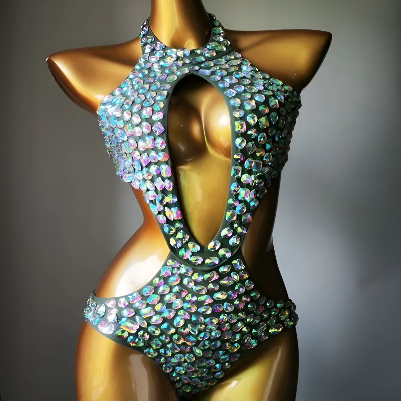 Women's one-piece mesh diamond swimsuit in four colour options with sizing chart