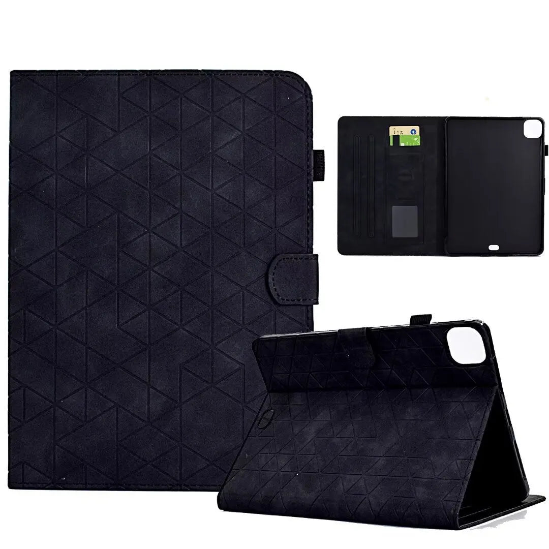 Leather iPad case with card holder showing diamond pattern in black colour