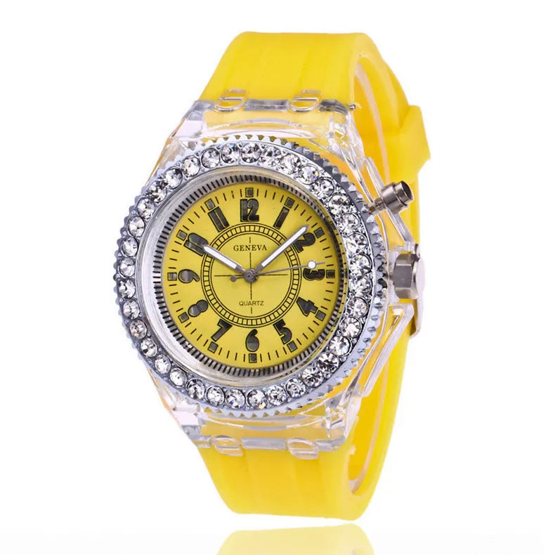 Geneva women's LED luminous quartz watch with silicone strap and round 43mm dial