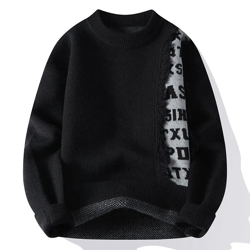 Men's loose-fit knitted pullover sweater with ribbed hem in grey, shown on a hanger.
