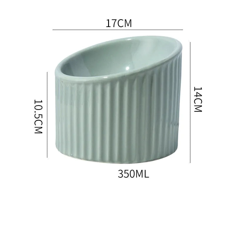Round ceramic elevated cat bowl in green colour on a table