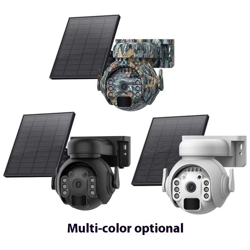 Solar panel security camera in camouflage finish for outdoor surveillance with 3MP sensor.