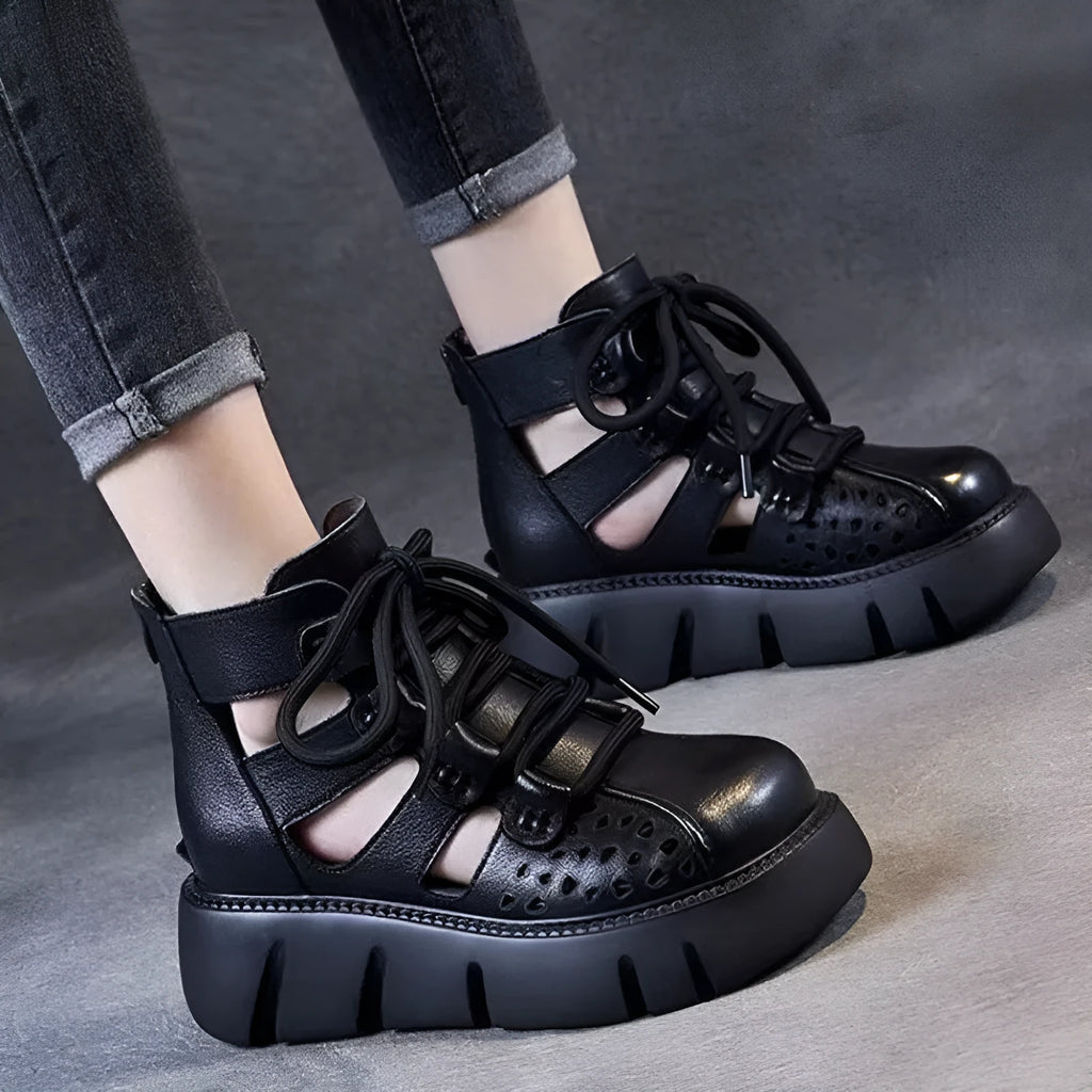 Women's soft cowhide leather platform sandals with hollow hole design in black colour