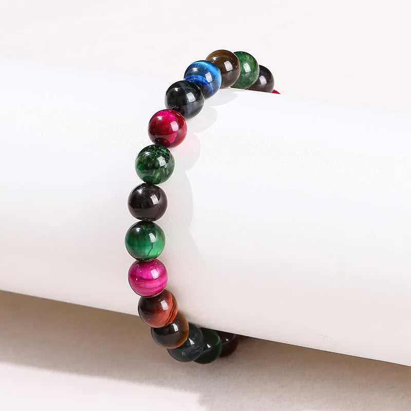 Colourful tiger-eye stone bead bracelet for women with round beads on a mixed string.