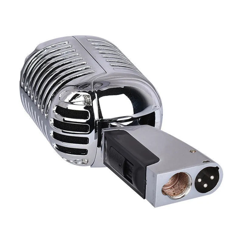 Retro style dynamic wired microphone in black or silver for stage and home karaoke use.