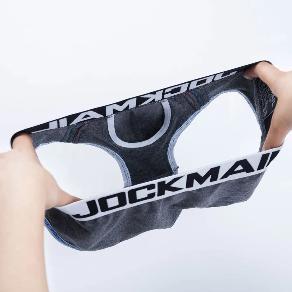 Men's modal high waist briefs with U convex big pouch jockstrap in black, on white background