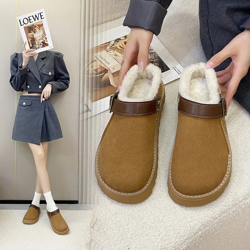 Women's low-top suede snow boots with cotton lining in brown, showing mid heel and rubber sole