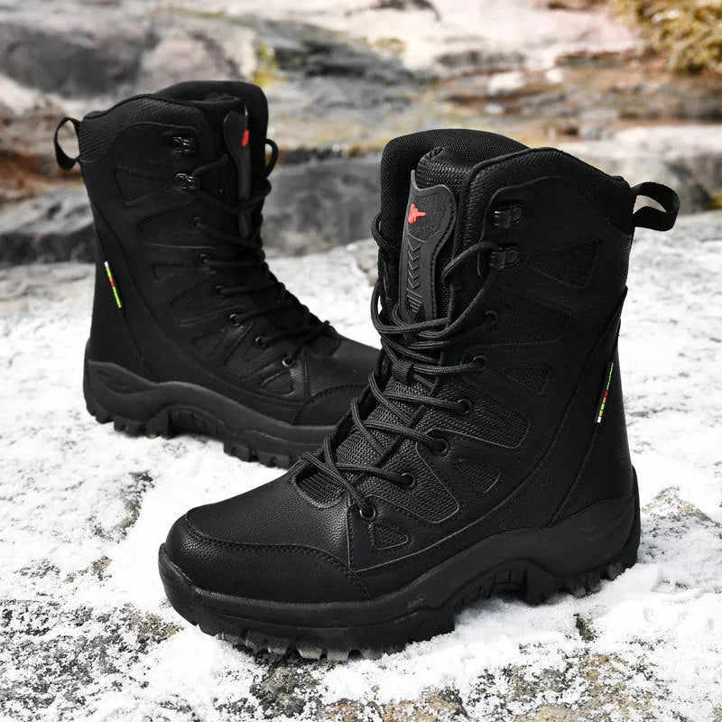 Cowhide leather hi-top hiking shoes with platform soles in beige, black and brown colour options
