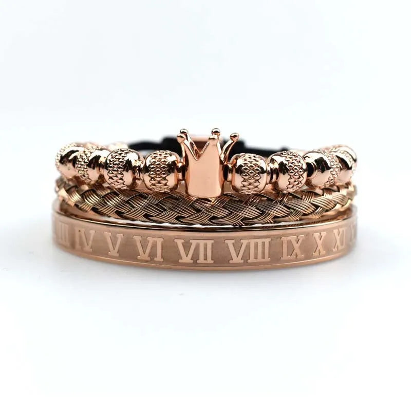 Men's adjustable copper zircon bracelet with Roman royal crown charm, four colour finish options