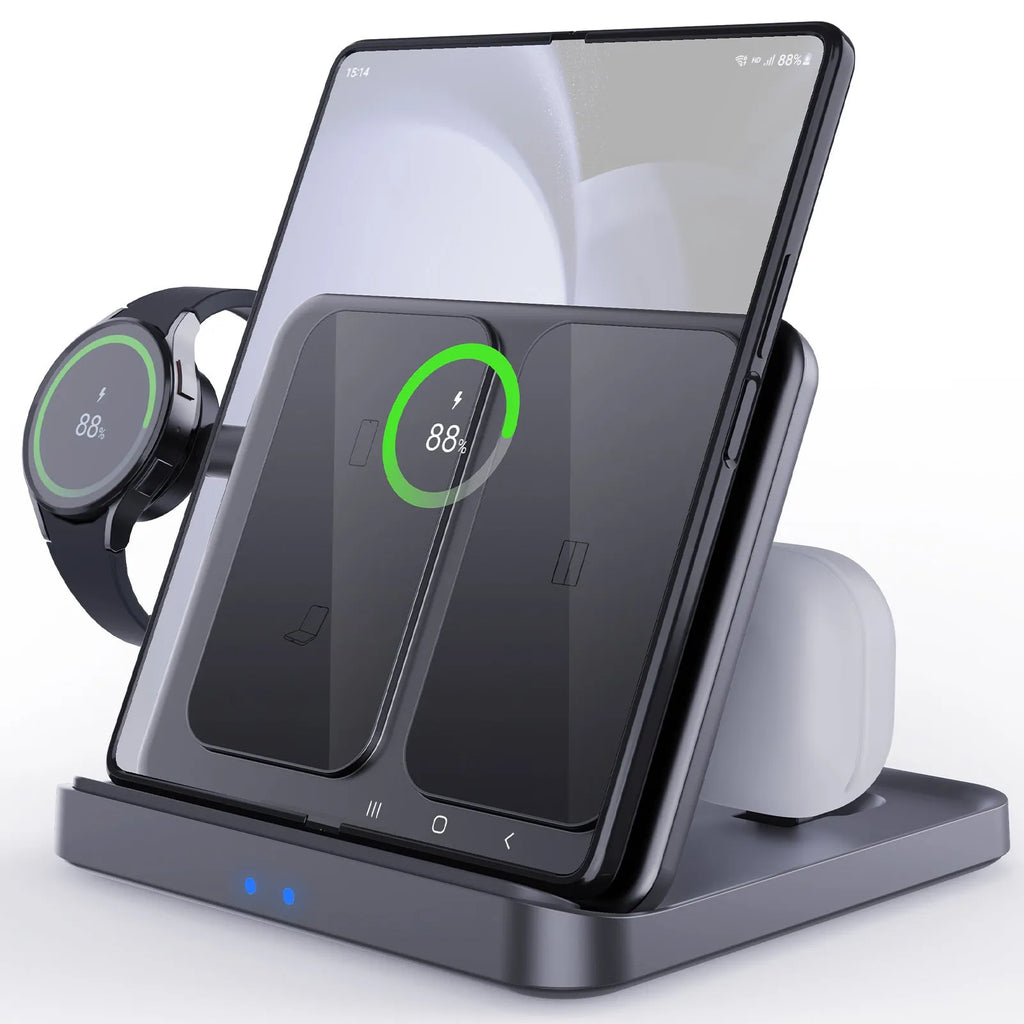 Three-in-one foldable wireless charger bracket with Type C input, 15W max output, ABS PC PMMA build