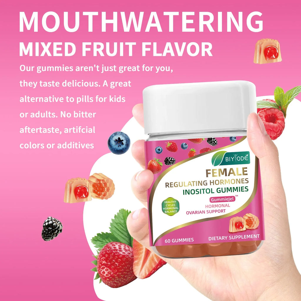 Bottle of 60 female multivitamin inositol gummies for hormonal balance support, original flavour, custom label available