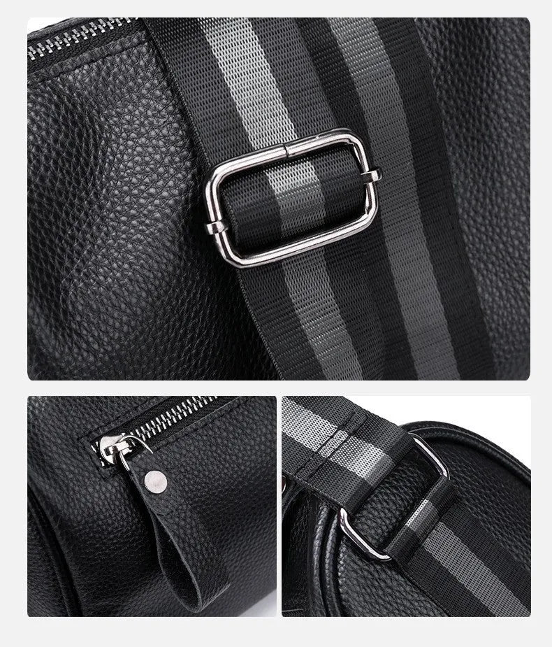 Black genuine leather women's crossbody bag showing front view and adjustable strap
