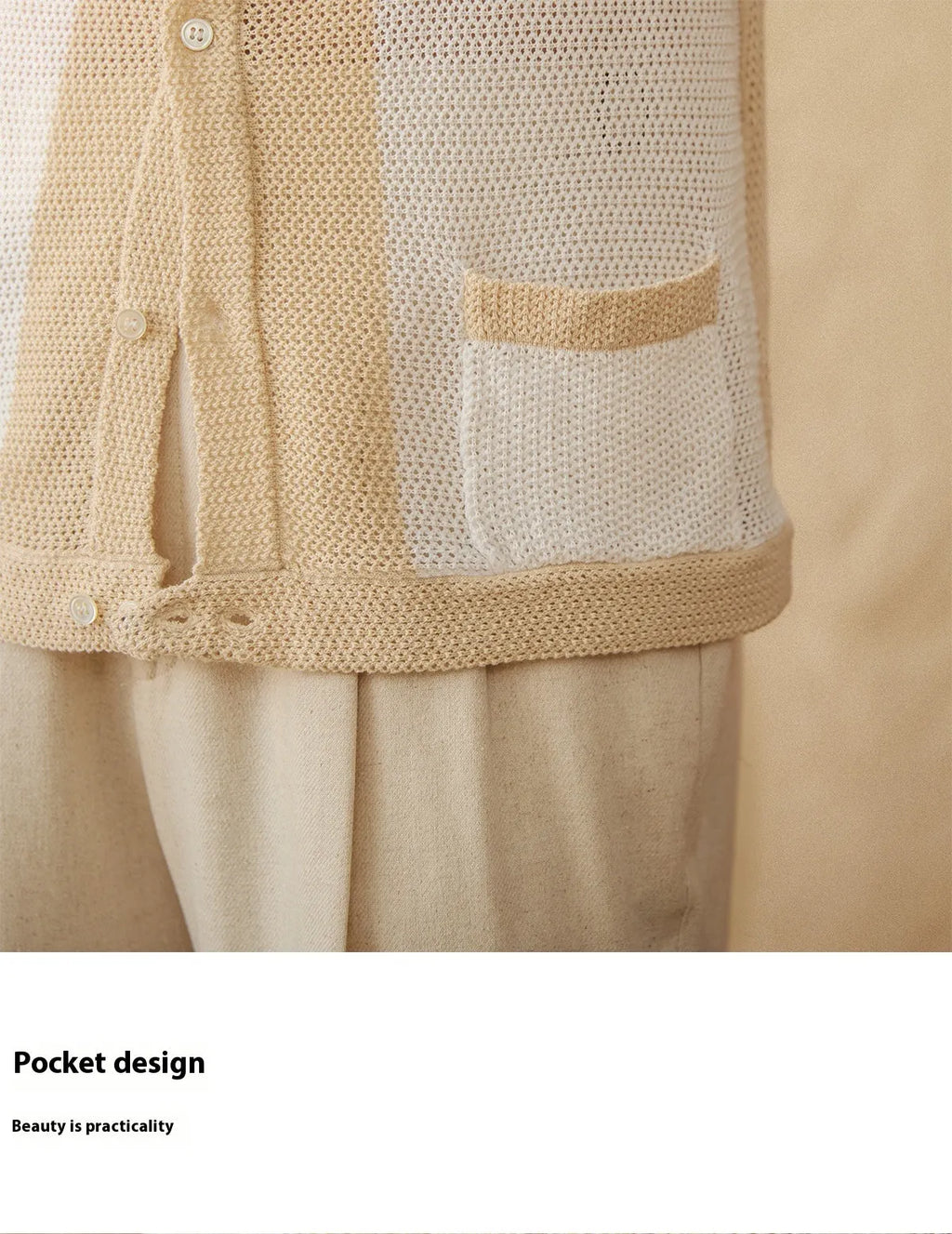 Beige women's short-sleeved lapel cardigan made from a thin cotton and linen knit fabric.