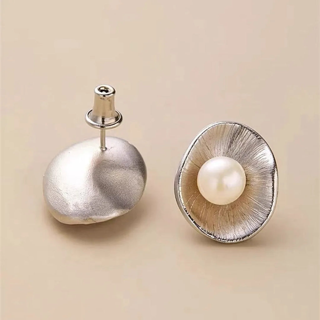 Pearl sterling silver geometric needle earrings with electroplated gold colour finish