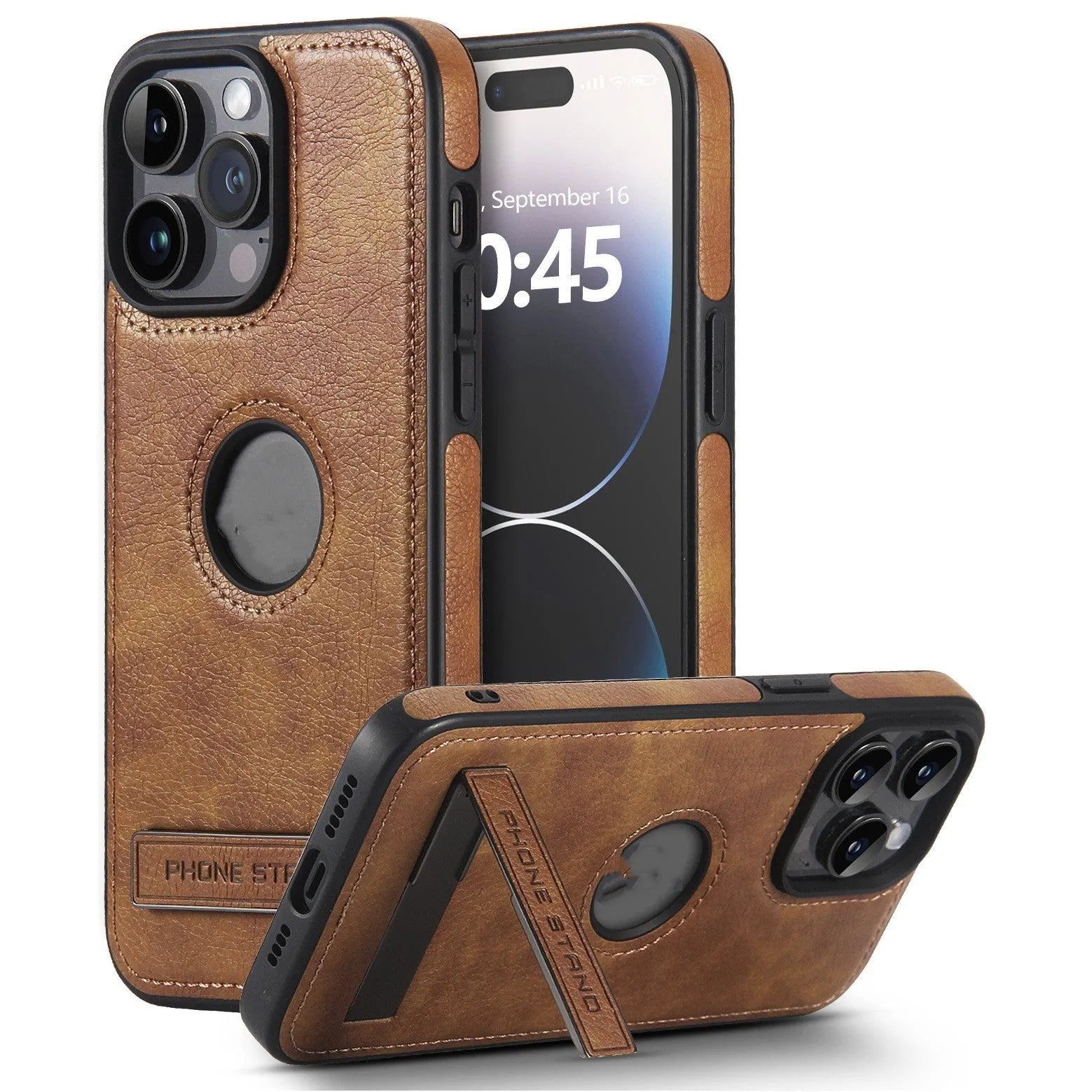 Black leather pattern bracket phone case for iPhone with built-in kickstand