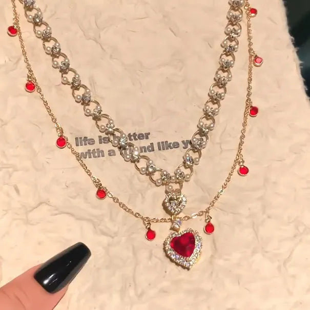 Red Love Pearl double layer twin necklace with heart pendant and electroplated alloy chain