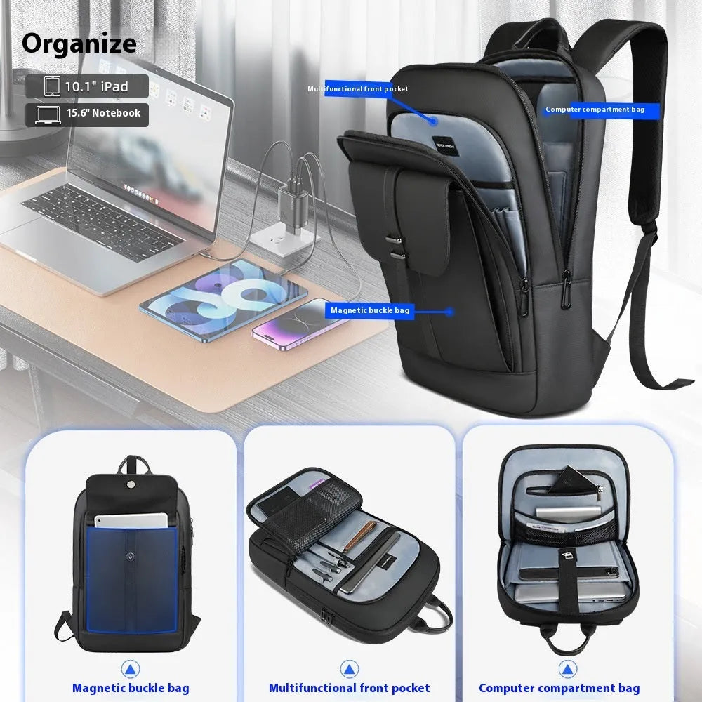 Black Oxford cloth backpack with sewing line detailing for urban commuting