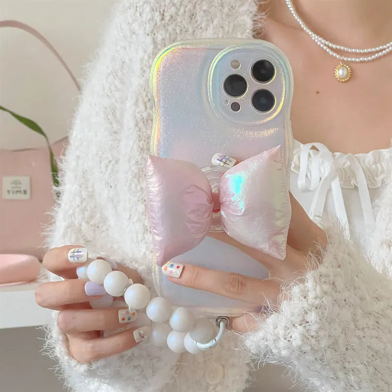 Laser sparkle silicone phone case with bowknot and bracket for iPhone, ladies soft shell cover
