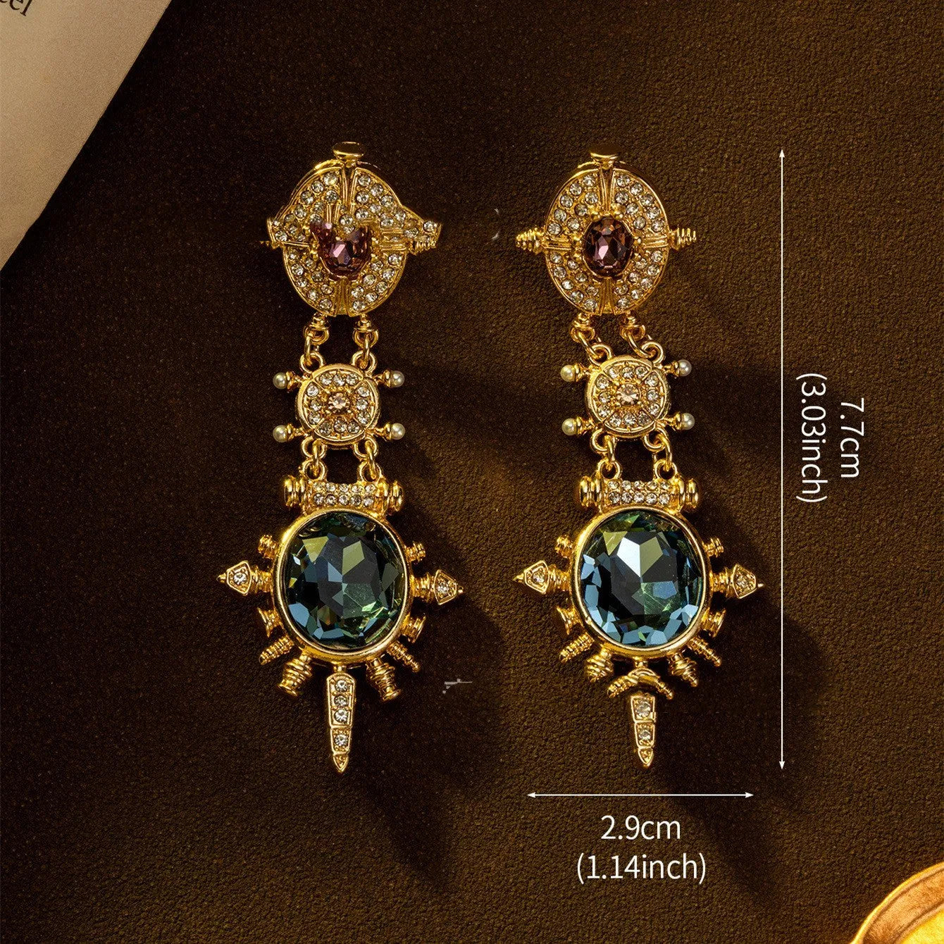 Gold geometric court style stud earrings with retro design and round elements