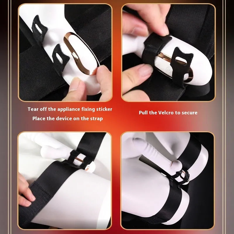 Black knitted belt adult toy strap with adjustable harness and included appliance