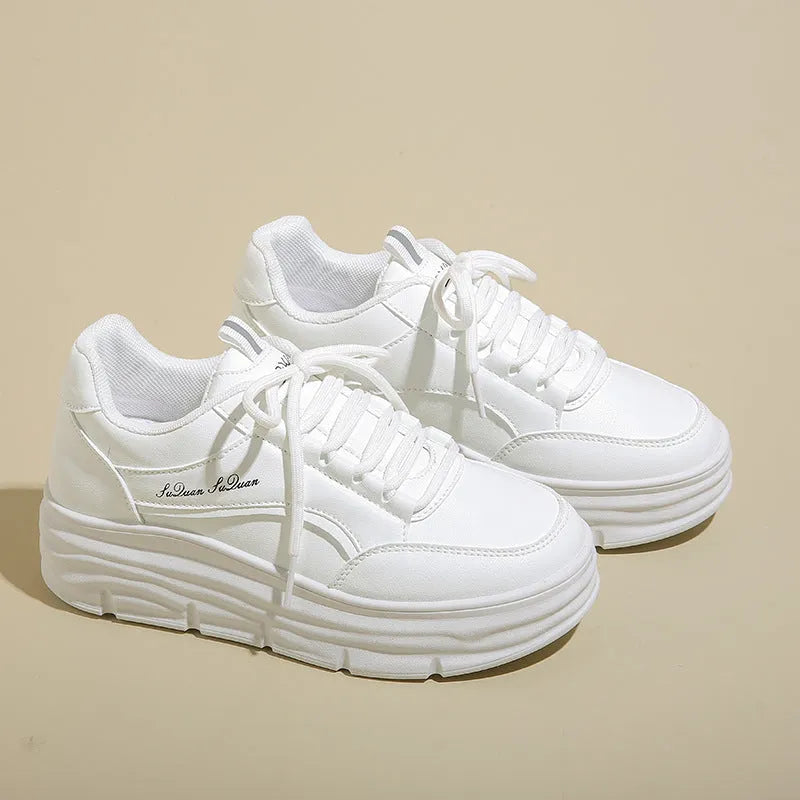 Thick bottom height increasing casual shoes in white or khaki with 3-5cm mid heel, synthetic leather upper, and rubber sole.