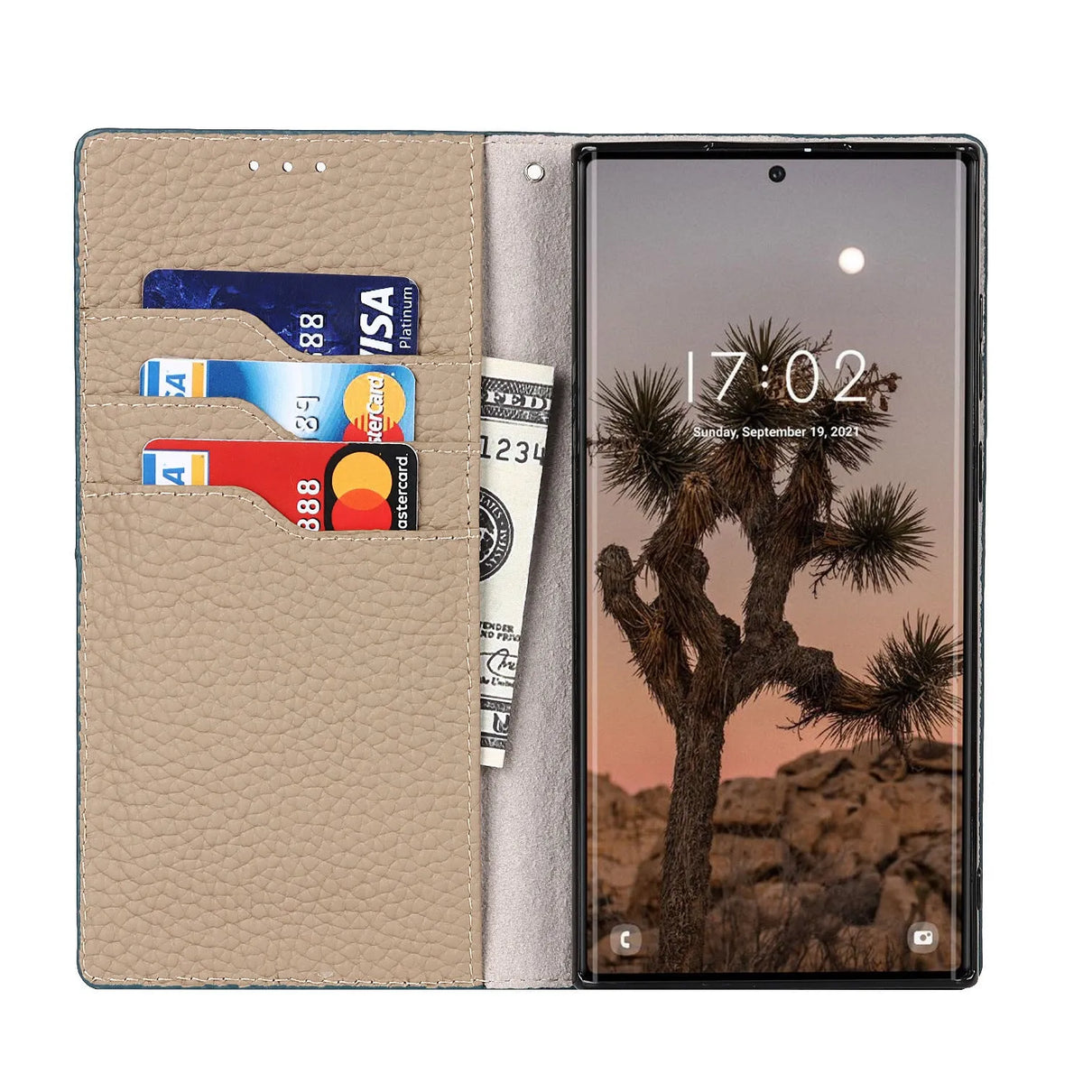Genuine leather litchi texture phone case for Samsung Galaxy S24 Ultra in black with textured grip surface